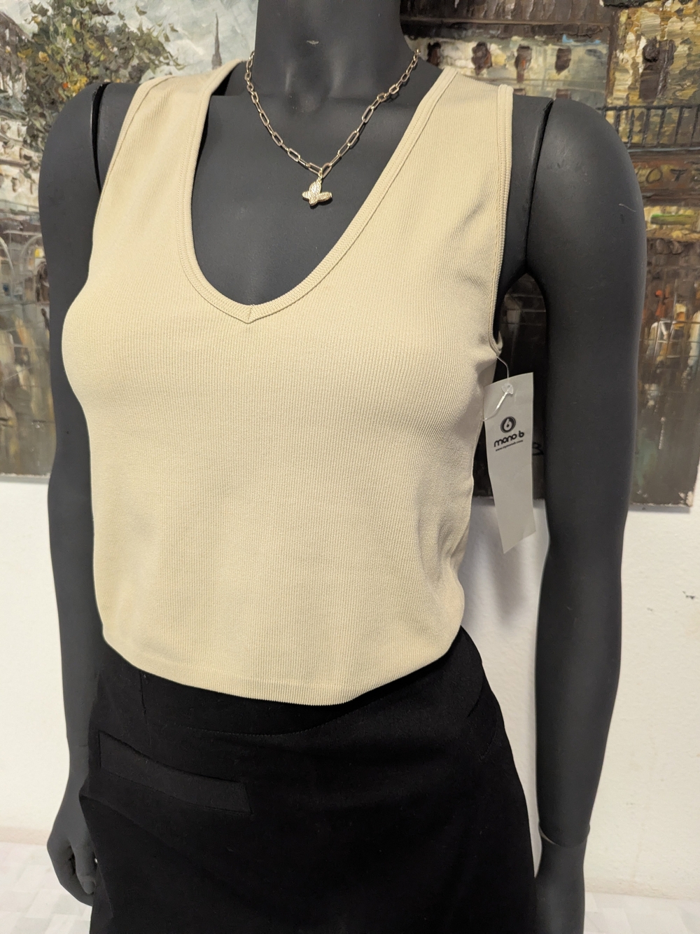 Monrow Beige V-Neck Ribbed Tank Top